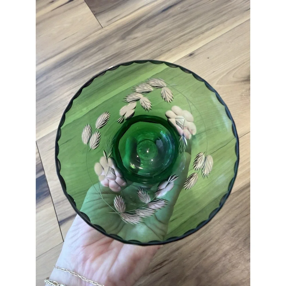 Vintage Emerald Green Cut Crystal Glass Hand Bell Floral Etched Clear Handle